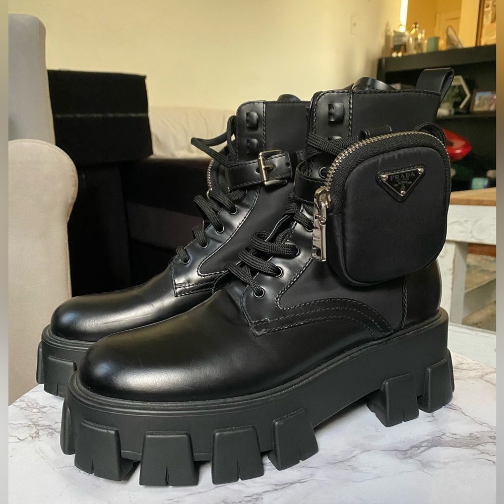 Prada Black Leather Combat Boots with Detachable Pouch